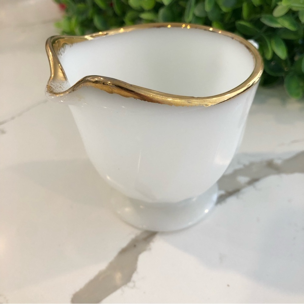 Fire king milk creamer ceramic  milk glass container with gold trim EUC